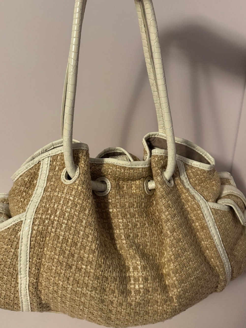 #361 Cole Haan Straw Fabric & Embossed Patent Leather Bag - Picture 3 of 15